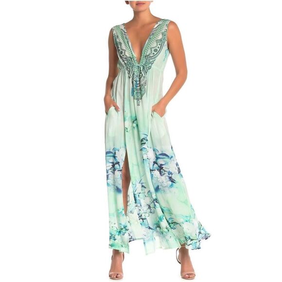 𝅺SHAHIDA Parides V-Neck Long Maxi in Green With Pockets Size M/L - Picture 3 of 16